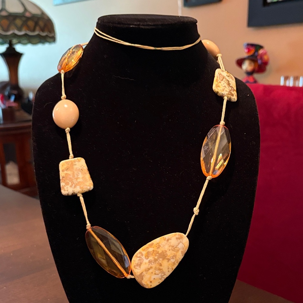 Beige and Amber color Stone Bead Necklace - Women Jewelry